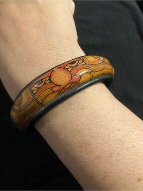 Vintage Hand Painted Leather Mayan Aztec Tribal Boho Bangle Bracelet